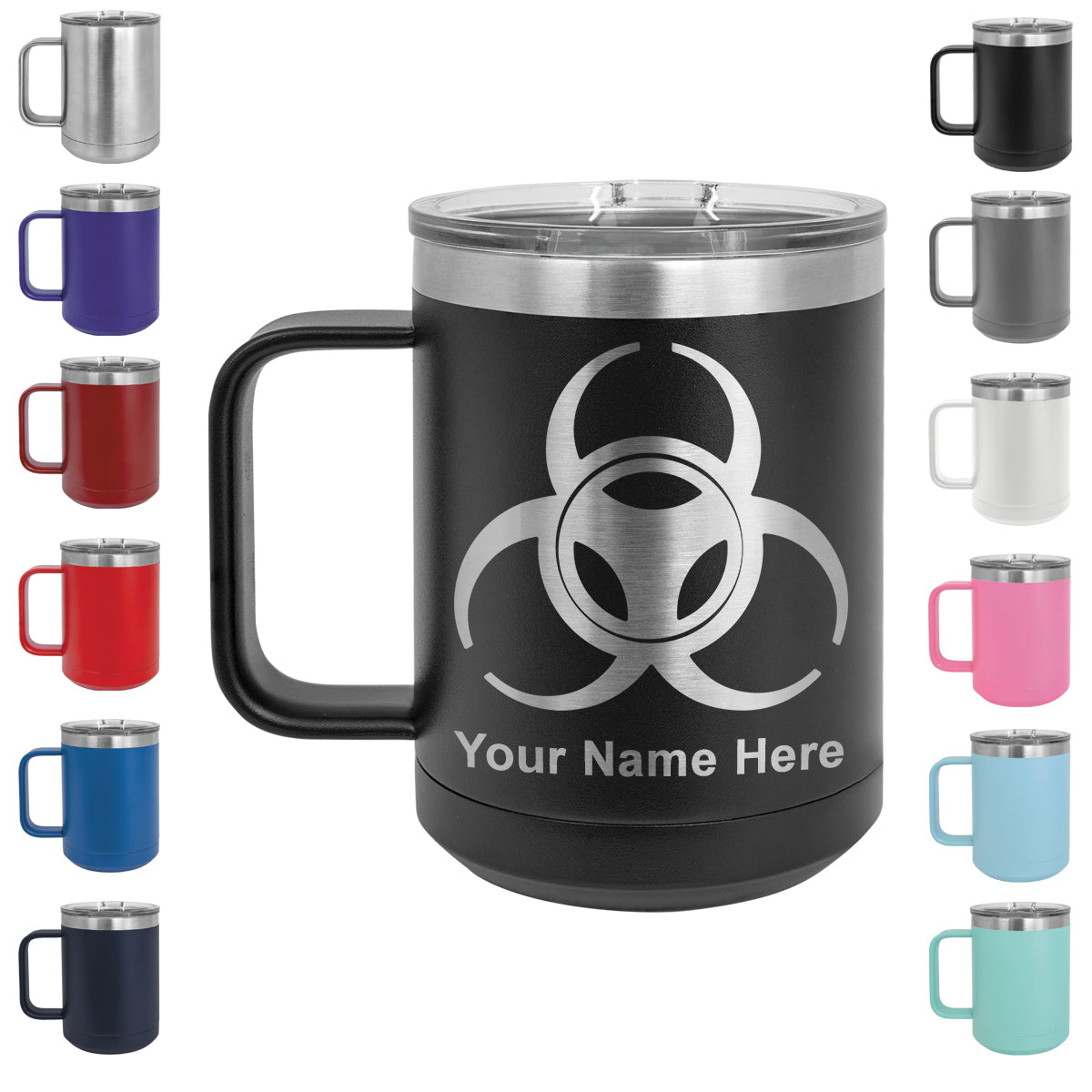 15oz Vacuum Insulated Coffee Mug, Biohazard Symbol, Personalized Engraving Included