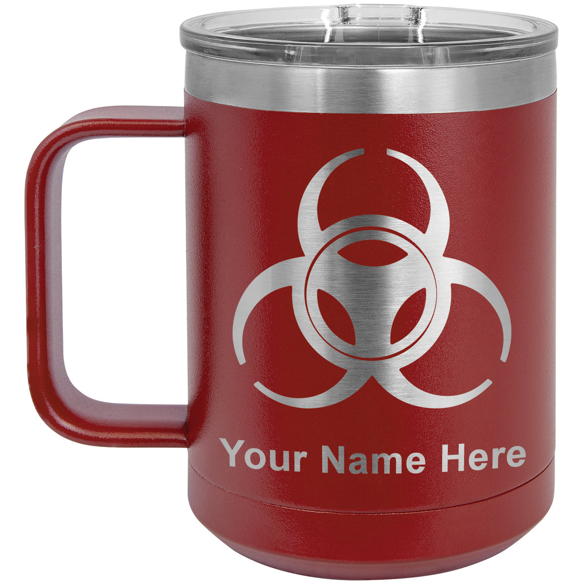 15oz Vacuum Insulated Coffee Mug, Biohazard Symbol, Personalized Engraving Included