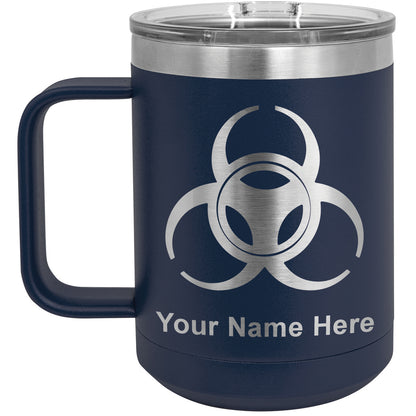 15oz Vacuum Insulated Coffee Mug, Biohazard Symbol, Personalized Engraving Included