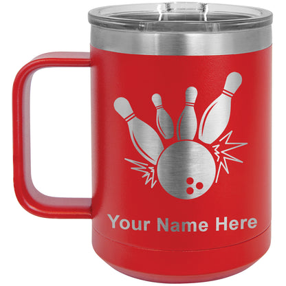 15oz Vacuum Insulated Coffee Mug, Bowling Ball and Pins, Personalized Engraving Included