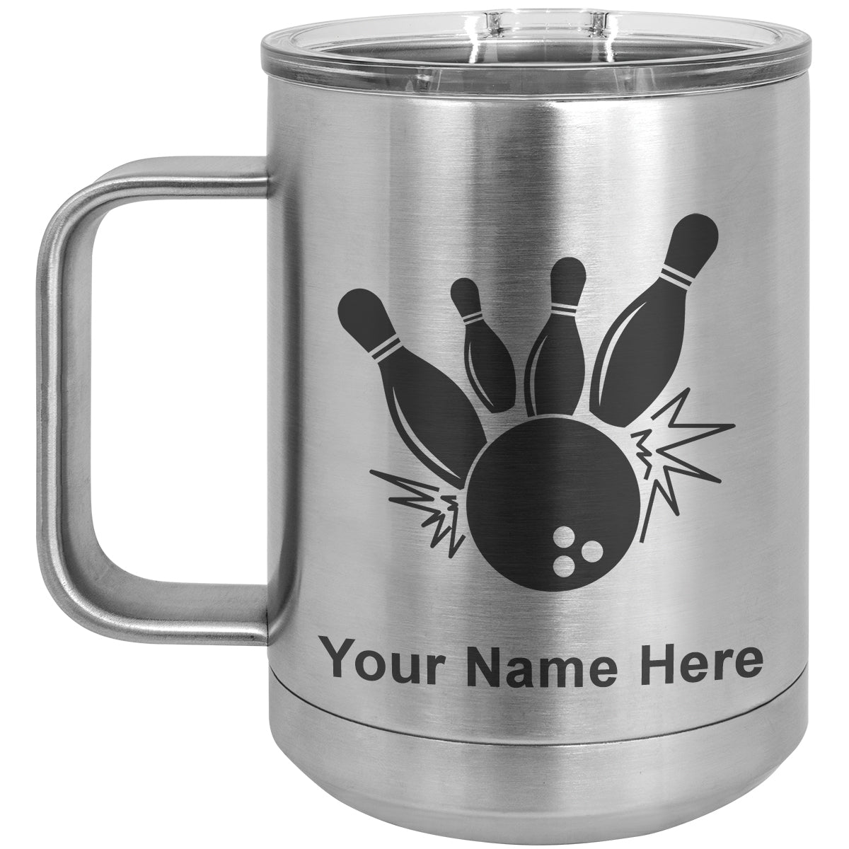 15oz Vacuum Insulated Coffee Mug, Bowling Ball and Pins, Personalized Engraving Included