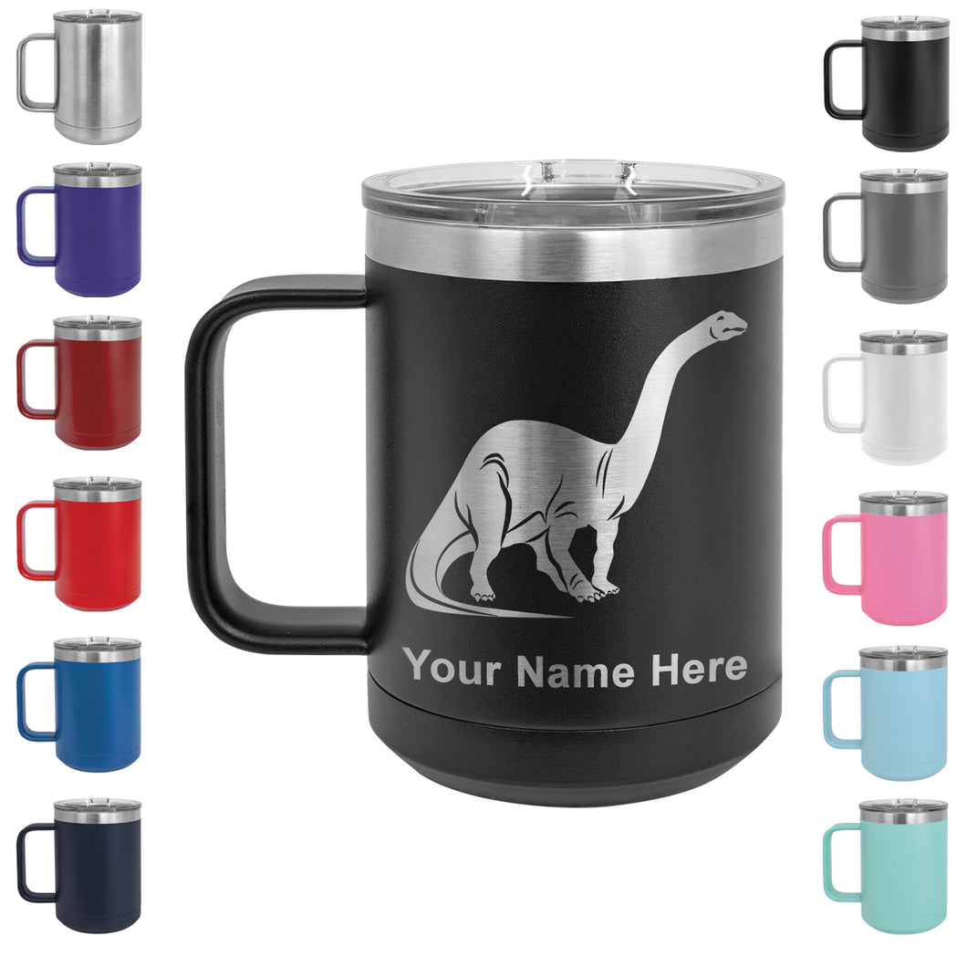 15oz Vacuum Insulated Coffee Mug, Brontosaurus Dinosaur, Personalized Engraving Included