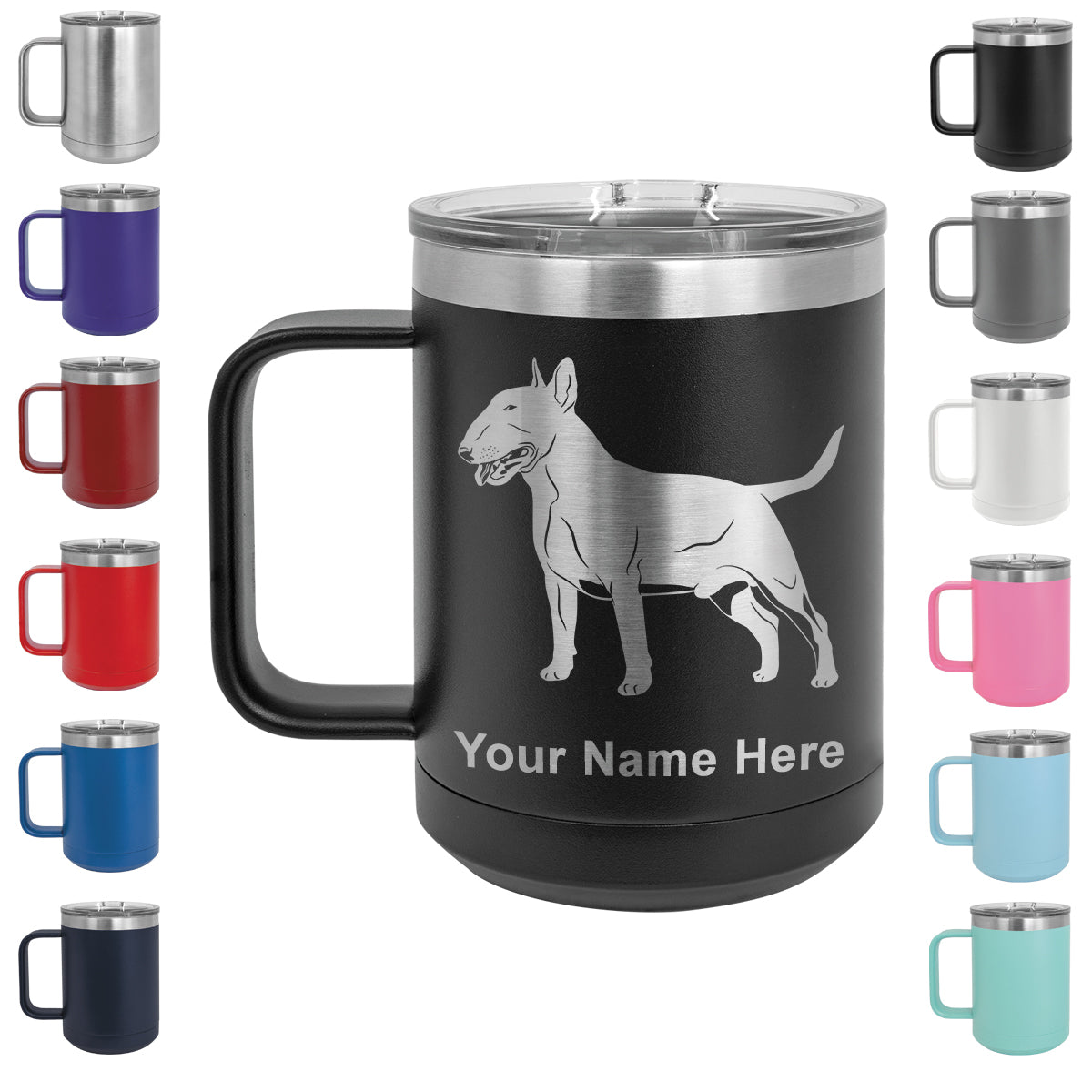 15oz Vacuum Insulated Coffee Mug, Bull Terrier Dog, Personalized Engraving Included