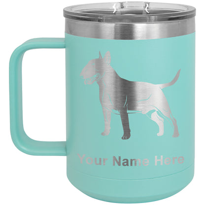 15oz Vacuum Insulated Coffee Mug, Bull Terrier Dog, Personalized Engraving Included