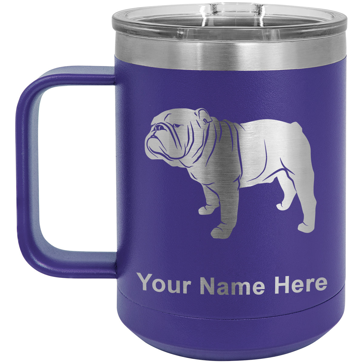 15oz Vacuum Insulated Coffee Mug, Bulldog Dog, Personalized Engraving Included