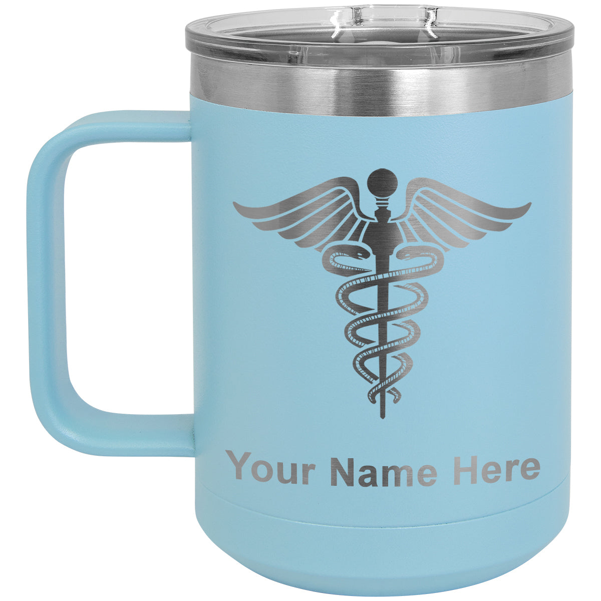 15oz Vacuum Insulated Coffee Mug, Caduceus Medical Symbol, Personalized Engraving Included