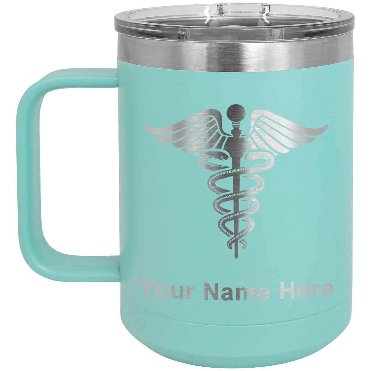 15oz Vacuum Insulated Coffee Mug, Caduceus Medical Symbol, Personalized Engraving Included