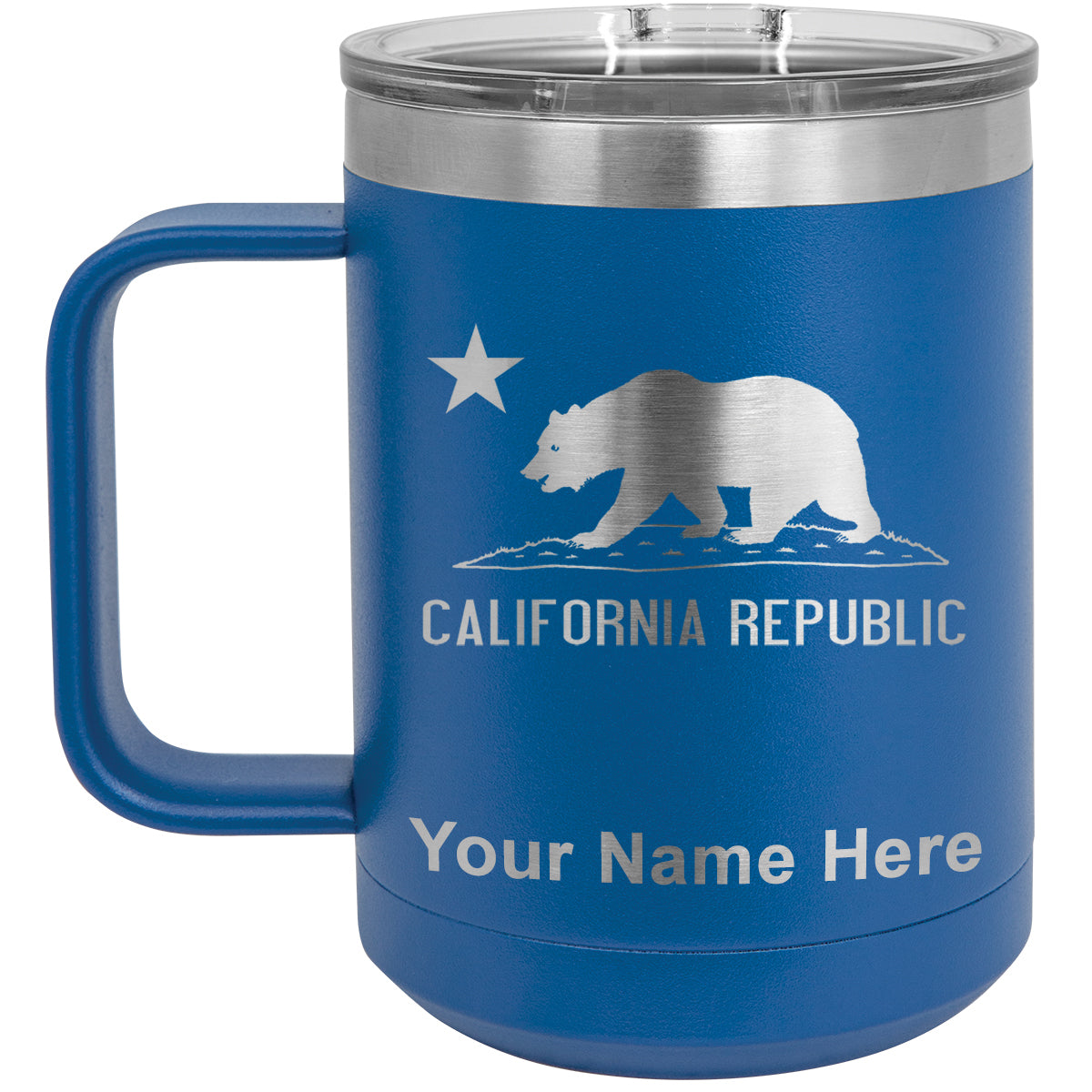 15oz Vacuum Insulated Coffee Mug, California Republic Bear Flag, Personalized Engraving Included