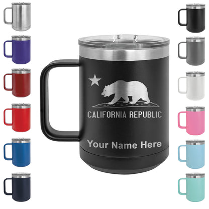 15oz Vacuum Insulated Coffee Mug, California Republic Bear Flag, Personalized Engraving Included