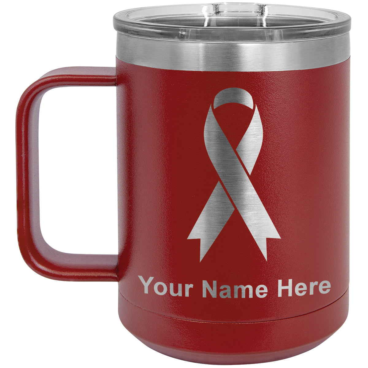 15oz Vacuum Insulated Coffee Mug, Cancer Awareness Ribbon, Personalized Engraving Included