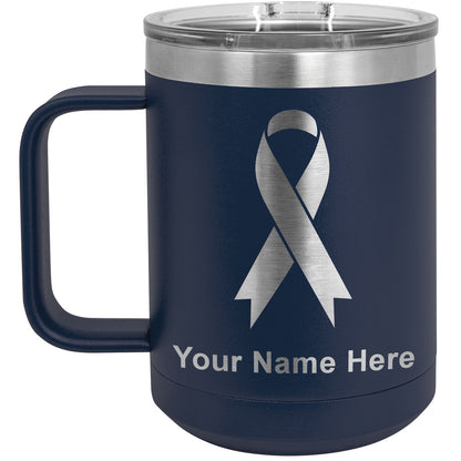 15oz Vacuum Insulated Coffee Mug, Cancer Awareness Ribbon, Personalized Engraving Included