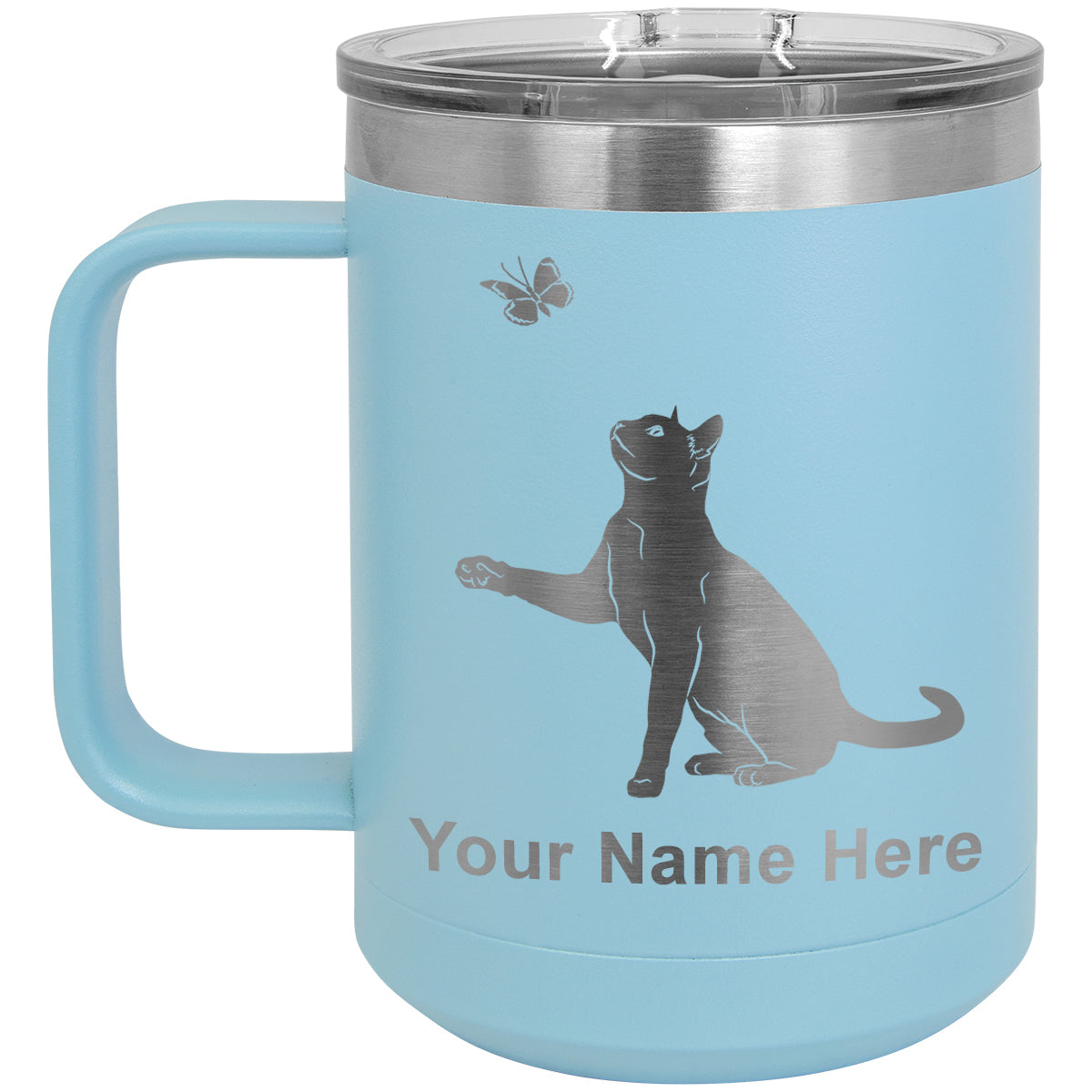 15oz Vacuum Insulated Coffee Mug, Cat with Butterfly, Personalized Engraving Included