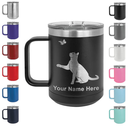 15oz Vacuum Insulated Coffee Mug, Cat with Butterfly, Personalized Engraving Included