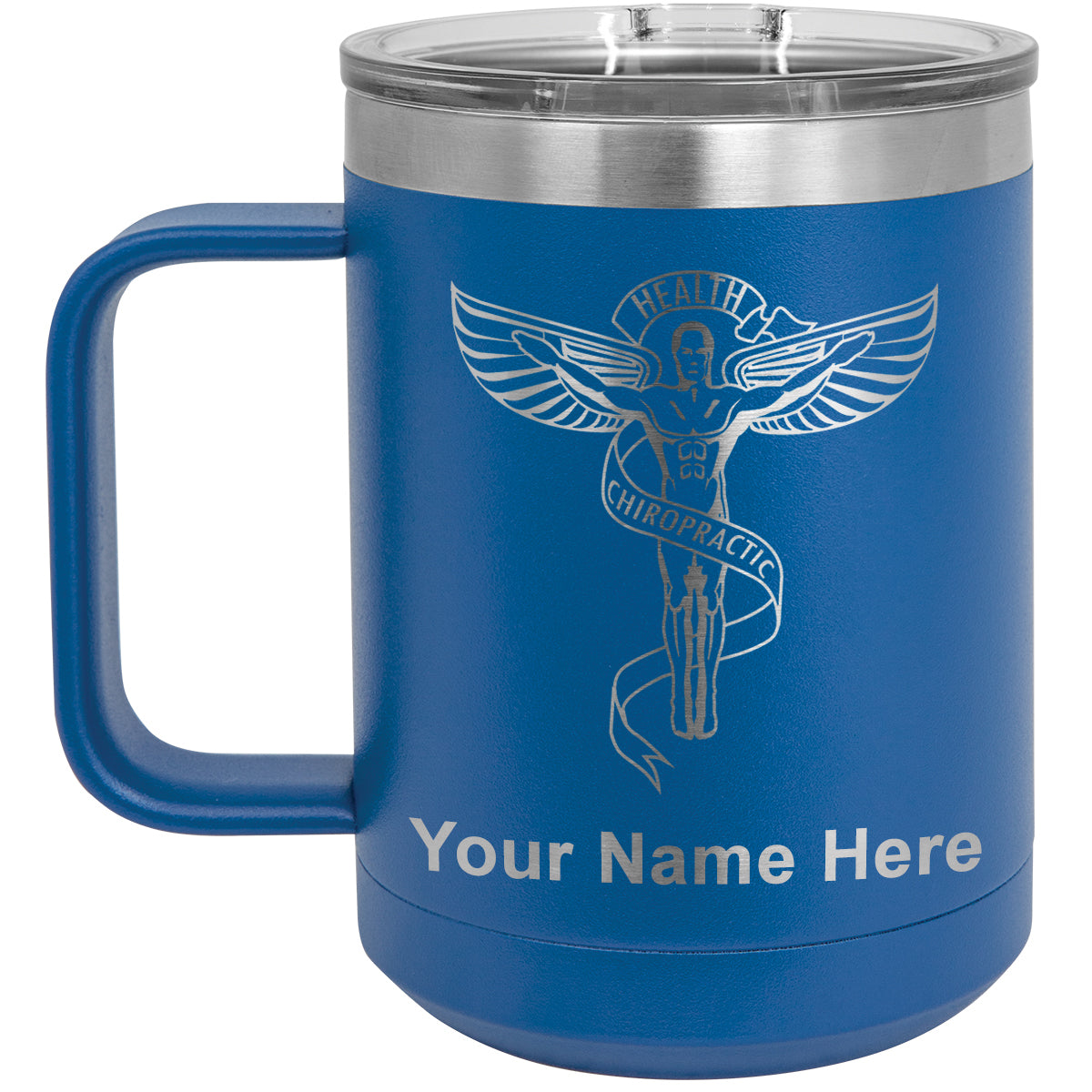15oz Vacuum Insulated Coffee Mug, Chiropractic Symbol, Personalized Engraving Included