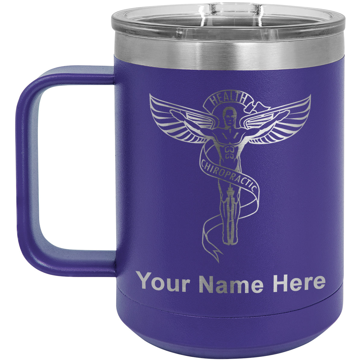 15oz Vacuum Insulated Coffee Mug, Chiropractic Symbol, Personalized Engraving Included