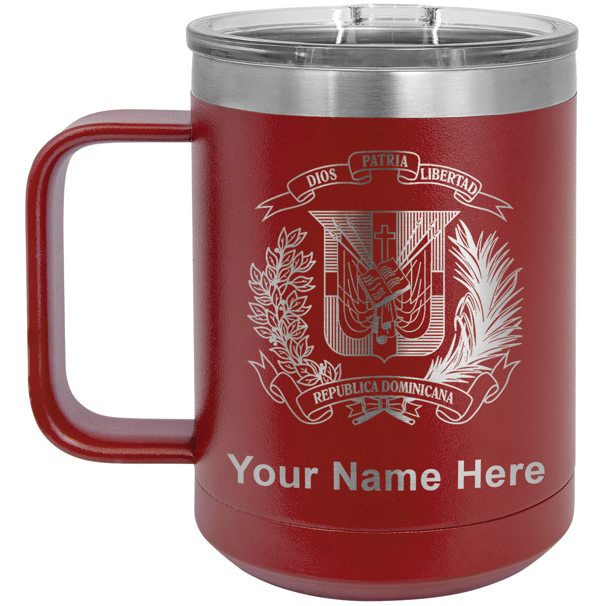 15oz Vacuum Insulated Coffee Mug, Coat of Arms Dominican Republic, Personalized Engraving Included