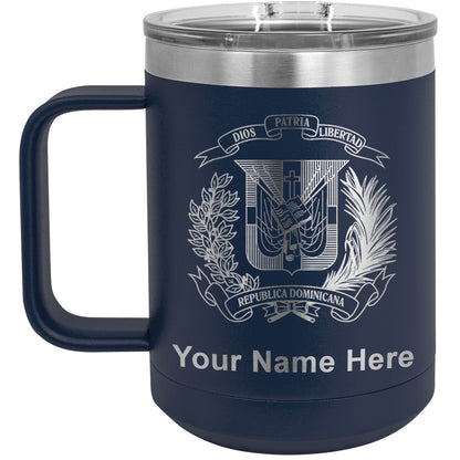 15oz Vacuum Insulated Coffee Mug, Coat of Arms Dominican Republic, Personalized Engraving Included
