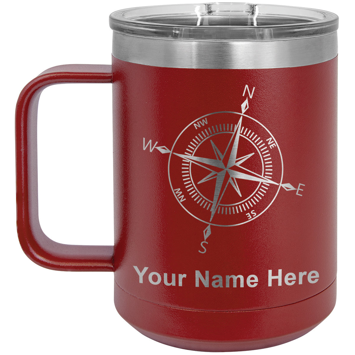 15oz Vacuum Insulated Coffee Mug, Compass Rose, Personalized Engraving Included