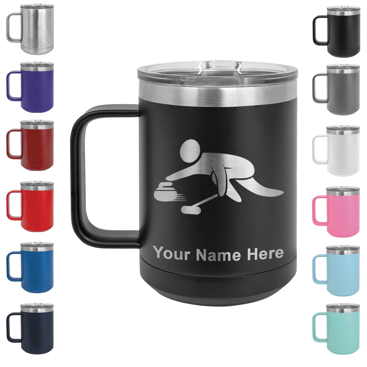 15oz Vacuum Insulated Coffee Mug, Curling Figure, Personalized Engraving Included
