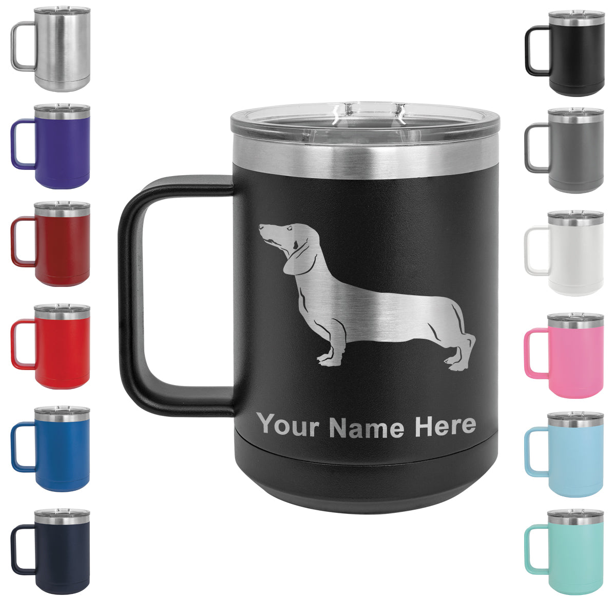 15oz Vacuum Insulated Coffee Mug, Dachshund Dog, Personalized Engraving Included