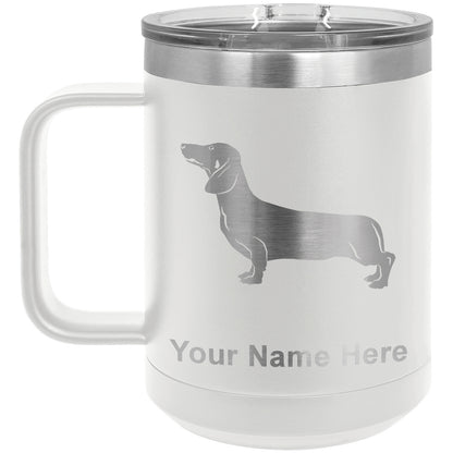 15oz Vacuum Insulated Coffee Mug, Dachshund Dog, Personalized Engraving Included