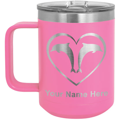 15oz Vacuum Insulated Coffee Mug, Dolphin Heart, Personalized Engraving Included
