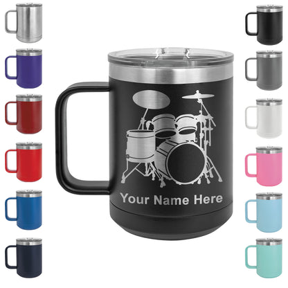 15oz Vacuum Insulated Coffee Mug, Drum Set, Personalized Engraving Included
