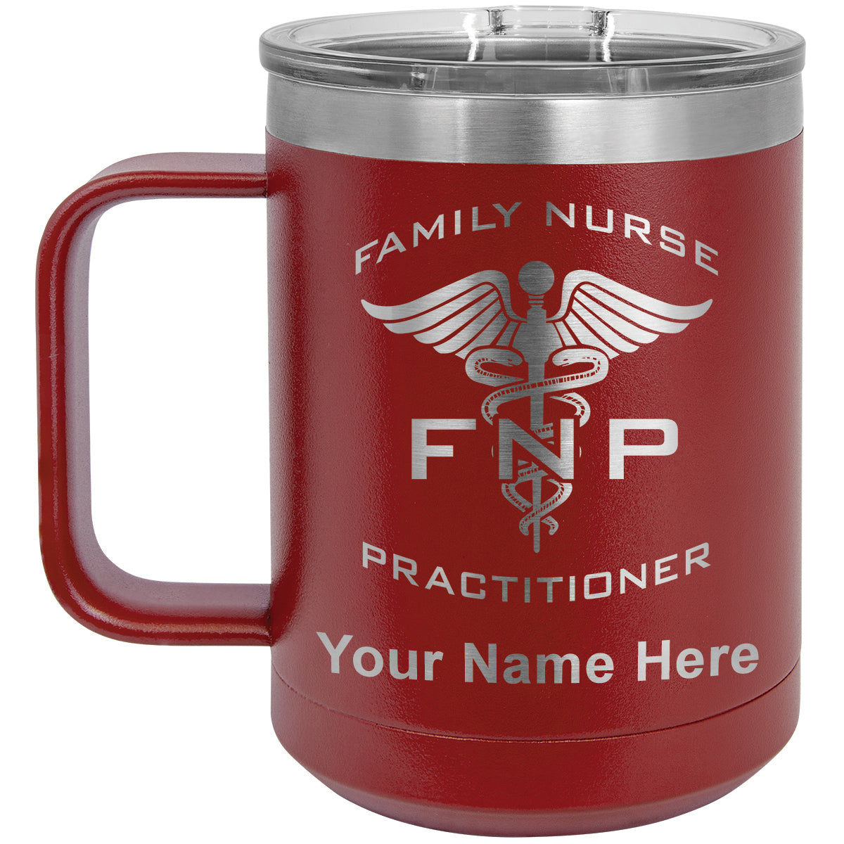 15oz Vacuum Insulated Coffee Mug, FNP Family Nurse Practitioner, Personalized Engraving Included