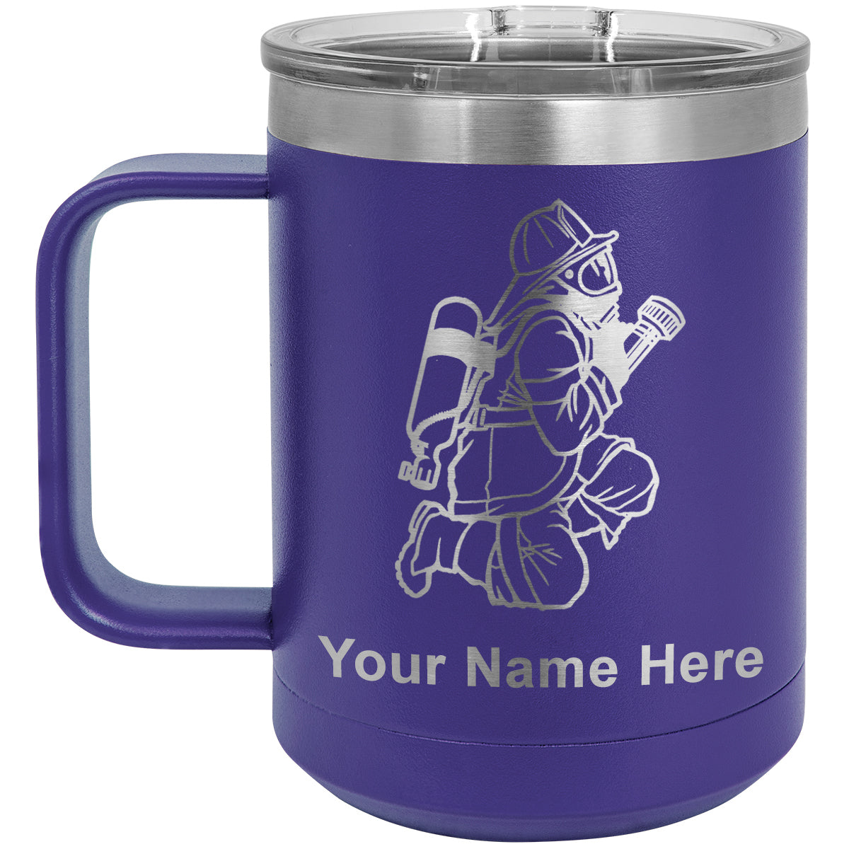 15oz Vacuum Insulated Coffee Mug, Fireman with Hose, Personalized Engraving Included