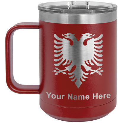 15oz Vacuum Insulated Coffee Mug, Flag of Albania, Personalized Engraving Included