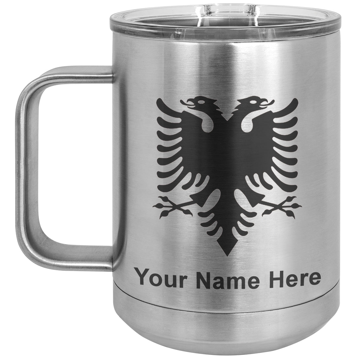 15oz Vacuum Insulated Coffee Mug, Flag of Albania, Personalized Engraving Included