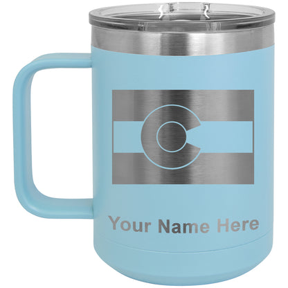 15oz Vacuum Insulated Coffee Mug, Flag of Colorado, Personalized Engraving Included