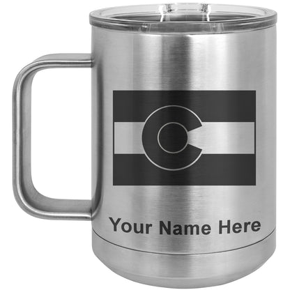 15oz Vacuum Insulated Coffee Mug, Flag of Colorado, Personalized Engraving Included