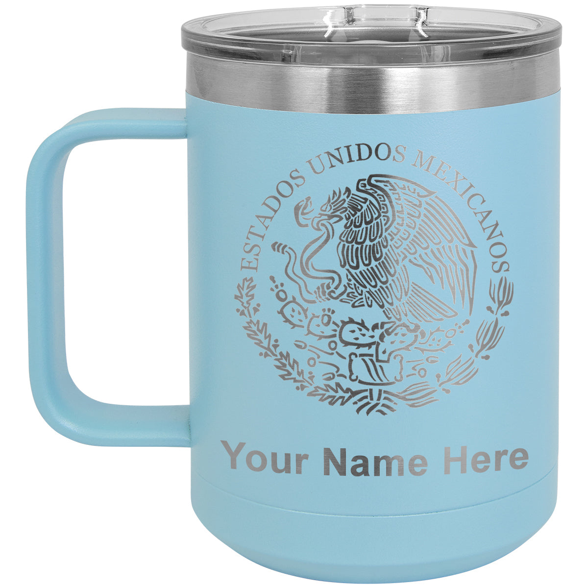 15oz Vacuum Insulated Coffee Mug, Flag of Mexico, Personalized Engraving Included