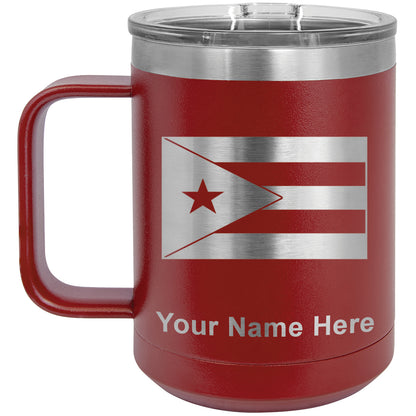 15oz Vacuum Insulated Coffee Mug, Flag of Puerto Rico, Personalized Engraving Included