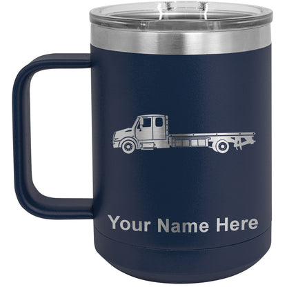 15oz Vacuum Insulated Coffee Mug, Flat Bed Tow Truck, Personalized Engraving Included