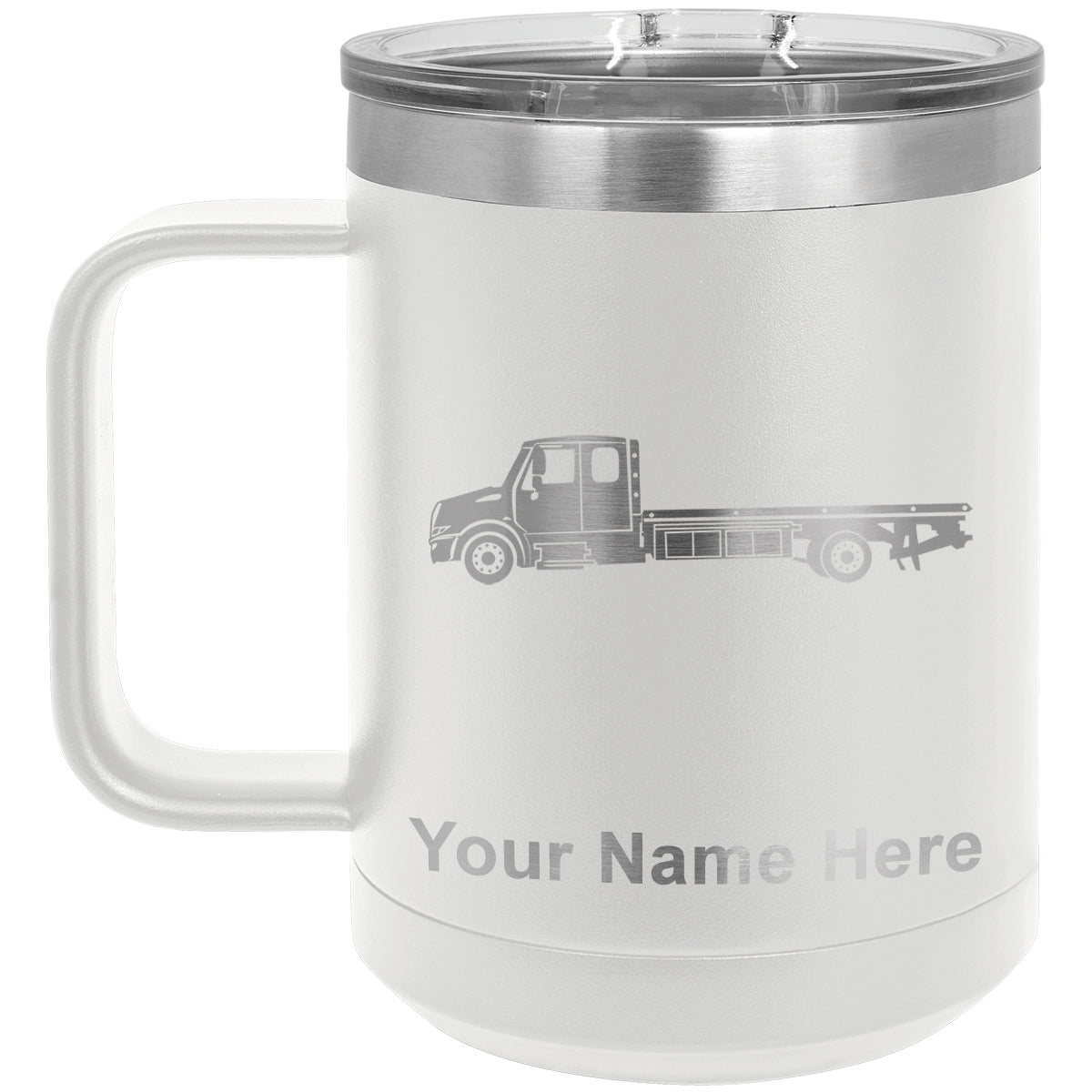 15oz Vacuum Insulated Coffee Mug, Flat Bed Tow Truck, Personalized Engraving Included