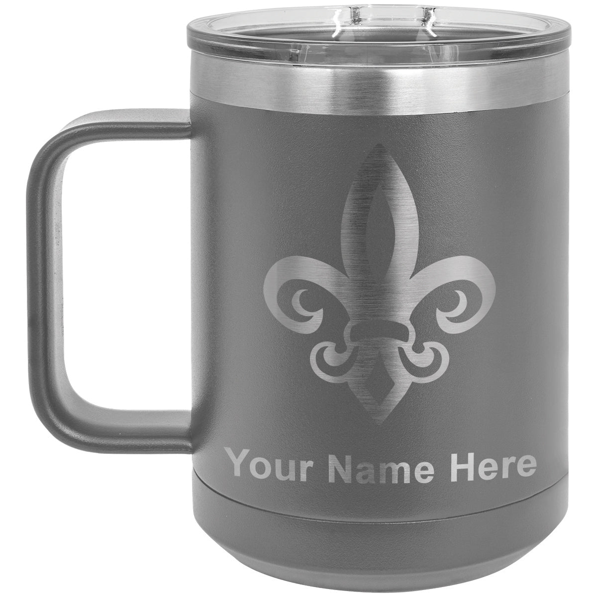 15oz Vacuum Insulated Coffee Mug, Fleur de Lis, Personalized Engraving Included