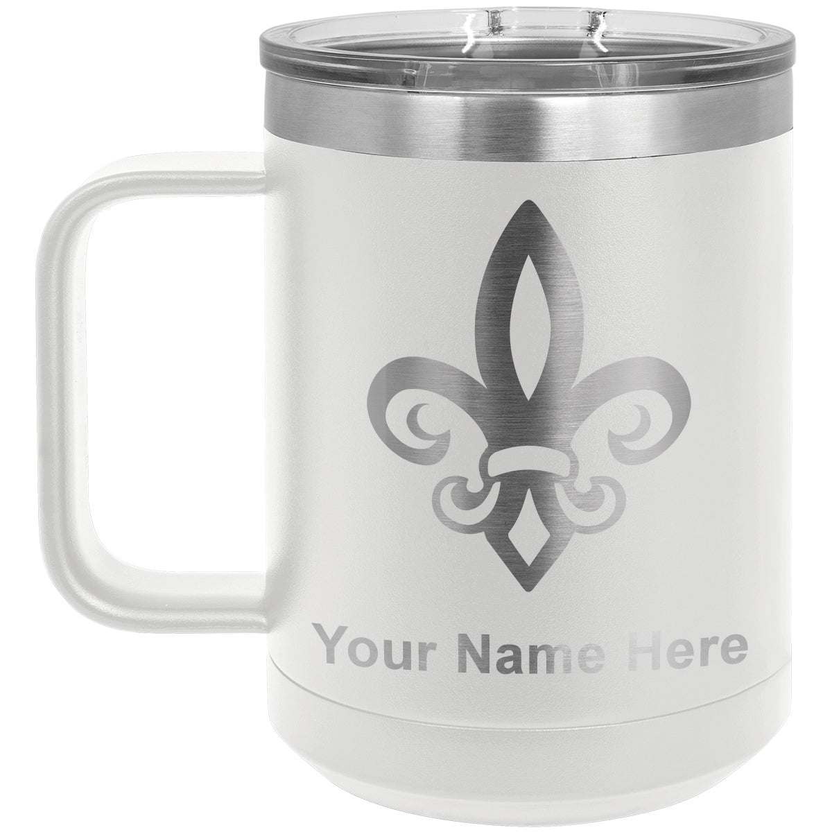 15oz Vacuum Insulated Coffee Mug, Fleur de Lis, Personalized Engraving Included