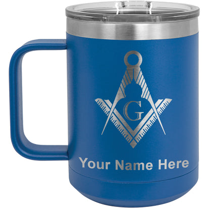 15oz Vacuum Insulated Coffee Mug, Freemason Symbol, Personalized Engraving Included