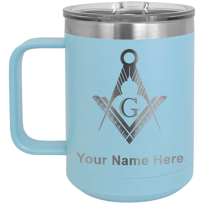 15oz Vacuum Insulated Coffee Mug, Freemason Symbol, Personalized Engraving Included