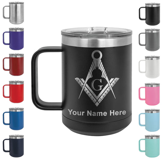 15oz Vacuum Insulated Coffee Mug, Freemason Symbol, Personalized Engraving Included
