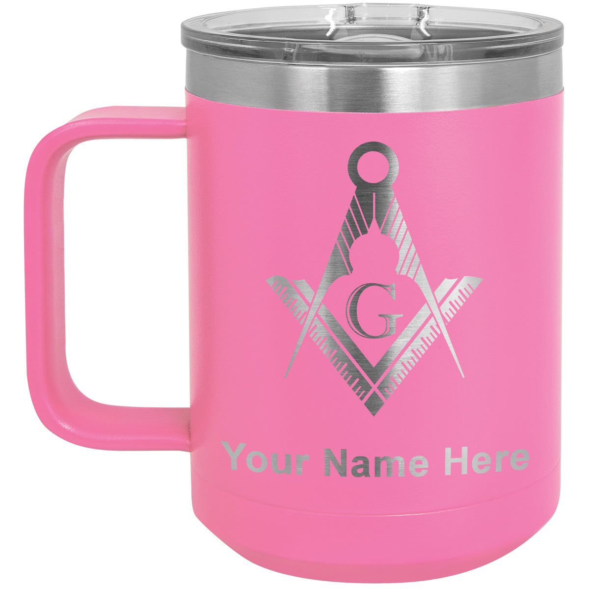 15oz Vacuum Insulated Coffee Mug, Freemason Symbol, Personalized Engraving Included