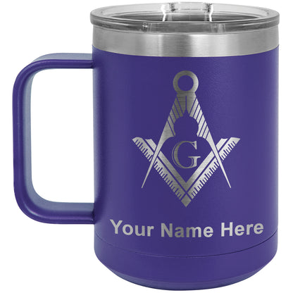 15oz Vacuum Insulated Coffee Mug, Freemason Symbol, Personalized Engraving Included