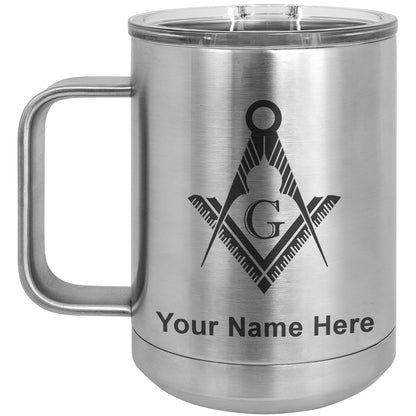 15oz Vacuum Insulated Coffee Mug, Freemason Symbol, Personalized Engraving Included