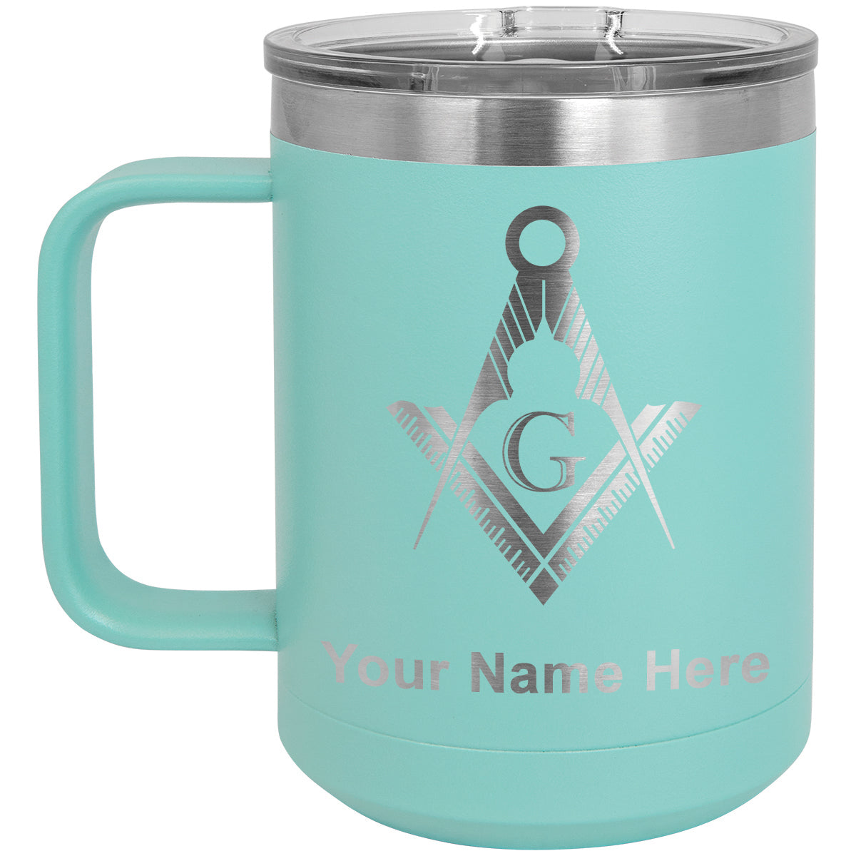 15oz Vacuum Insulated Coffee Mug, Freemason Symbol, Personalized Engraving Included