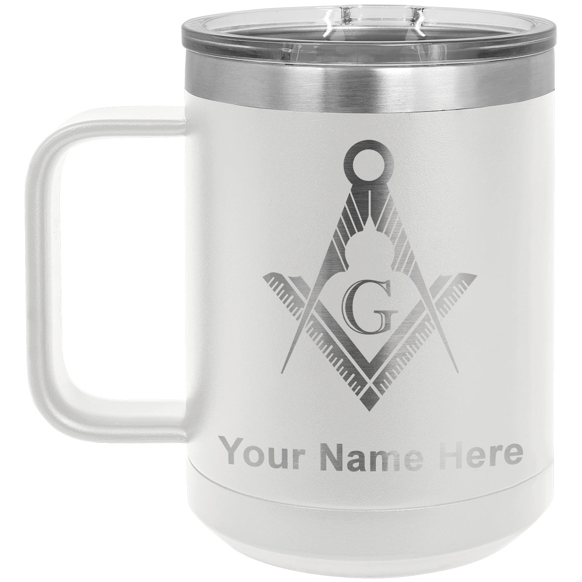 15oz Vacuum Insulated Coffee Mug, Freemason Symbol, Personalized Engraving Included