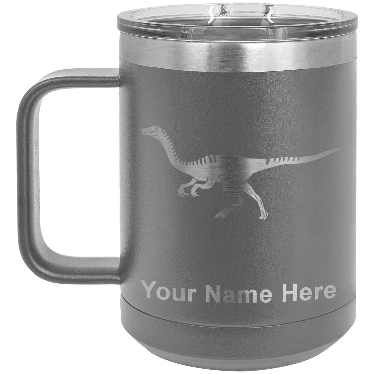 15oz Vacuum Insulated Coffee Mug, Gallimimus Dinosaur, Personalized Engraving Included