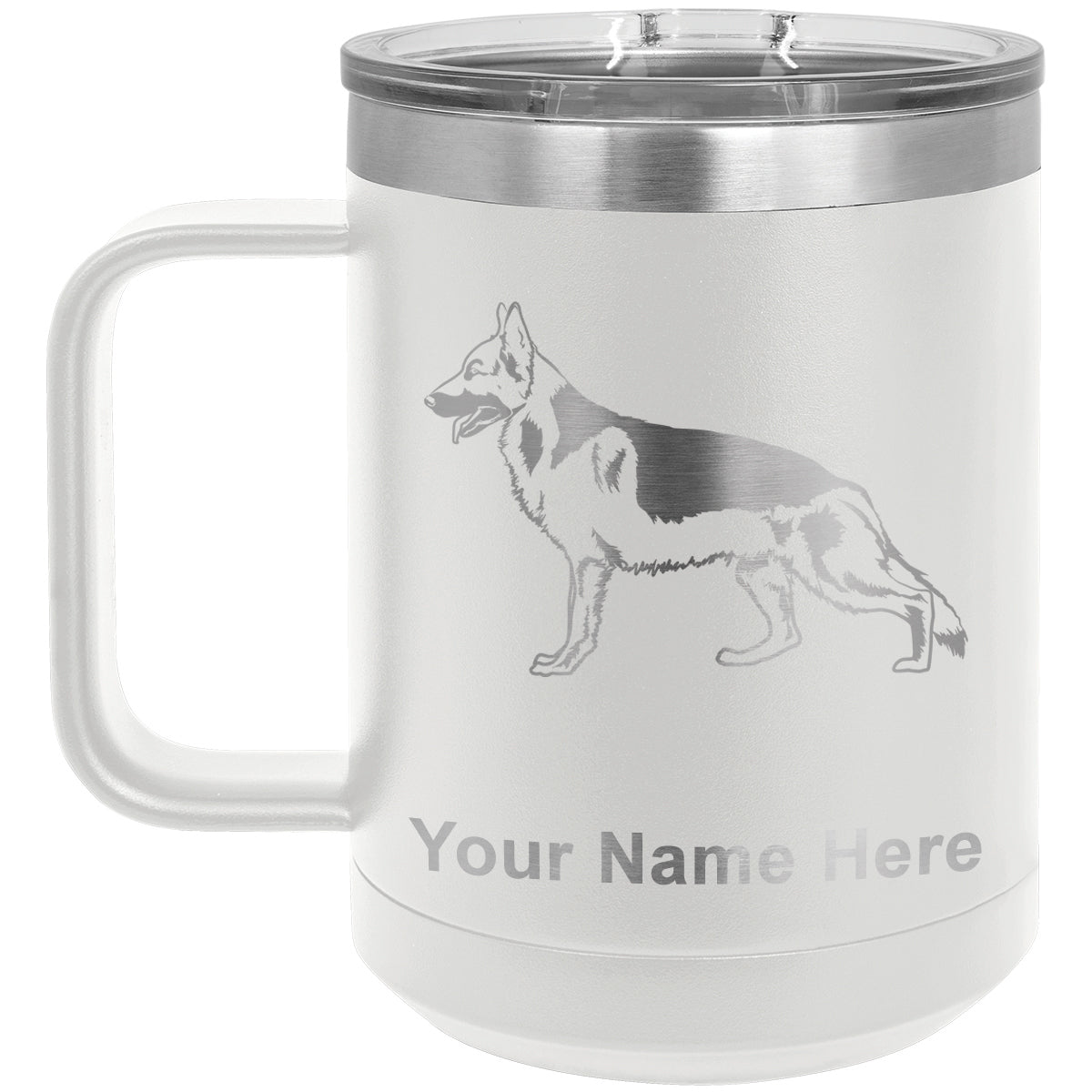 15oz Vacuum Insulated Coffee Mug, German Shepherd Dog, Personalized Engraving Included