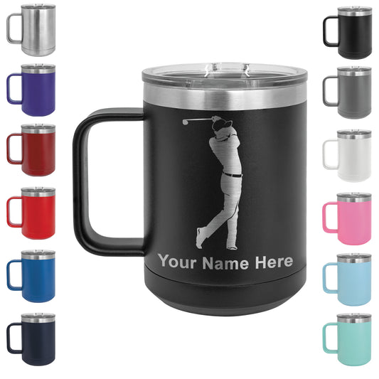 15oz Vacuum Insulated Coffee Mug, Golfer Golfing, Personalized Engraving Included